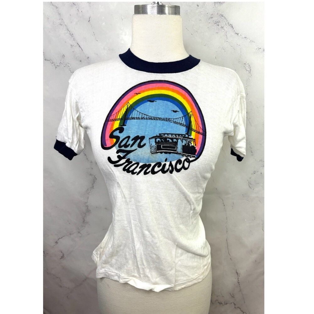 Vtg 70s San Francisco T-Shirt Baby Tee S Rainbow Bridge Gay Pride Queer LGBTQ